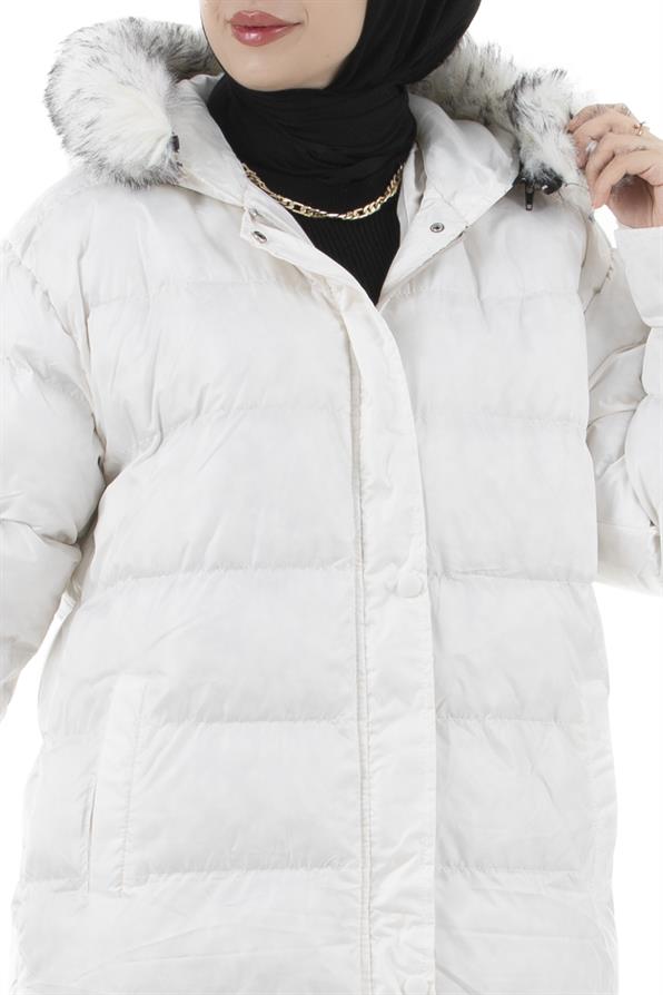 Furry Long Puffer Coat-White color
