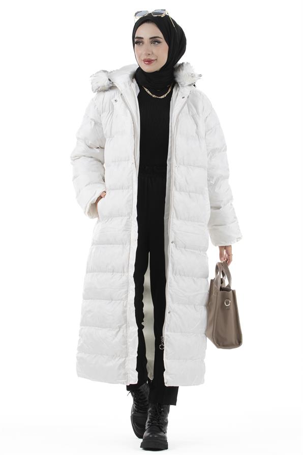 Furry Long Puffer Coat-White color