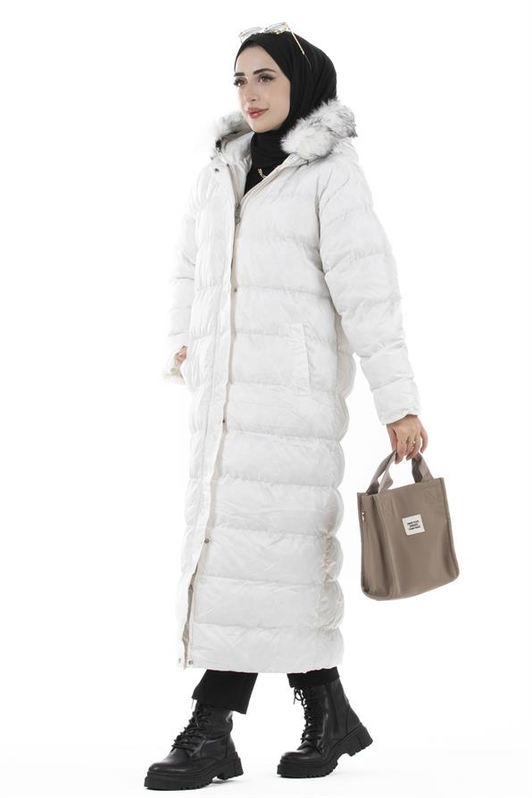 Furry Long Puffer Coat-White color
