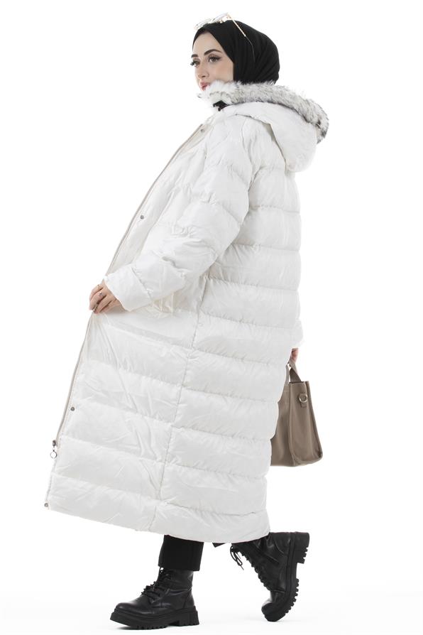 Furry Long Puffer Coat-White color