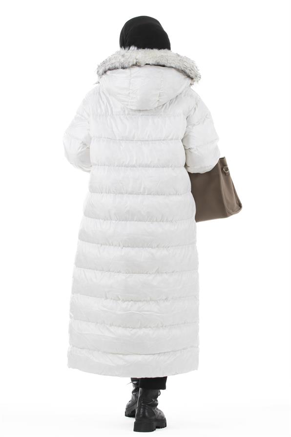 Furry Long Puffer Coat-White color