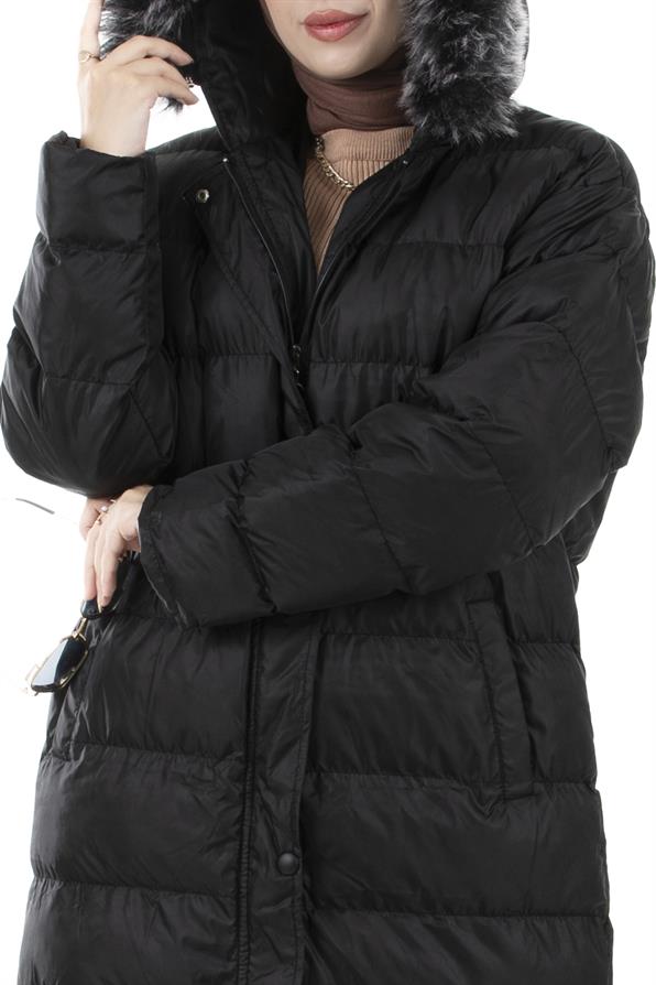 Furry Long Puffer Coat-Black