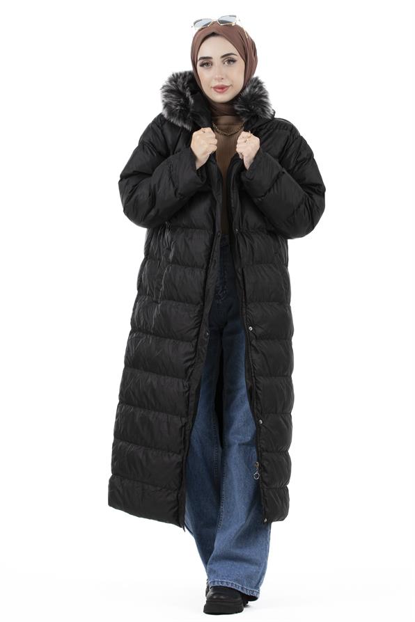 Furry Long Puffer Coat-Black