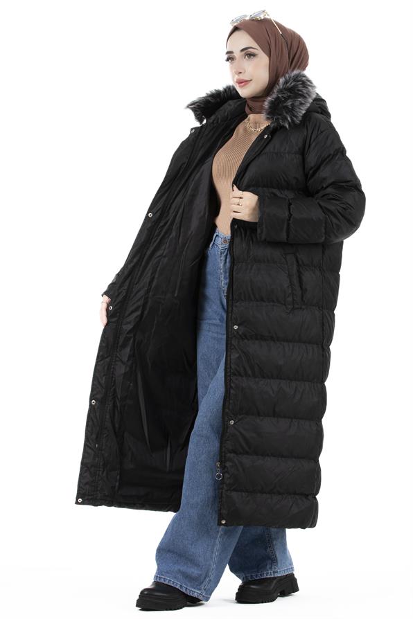 Furry Long Puffer Coat-Black