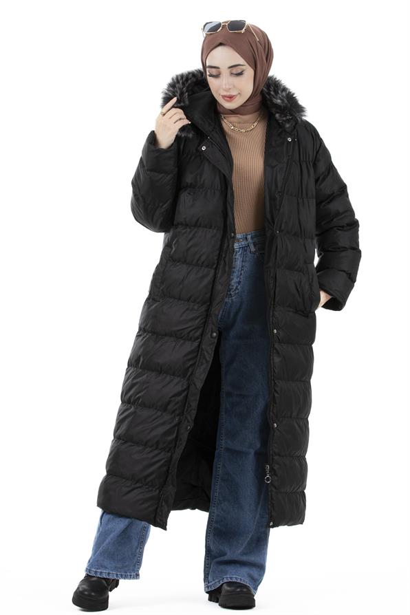 Furry Long Puffer Coat-Black