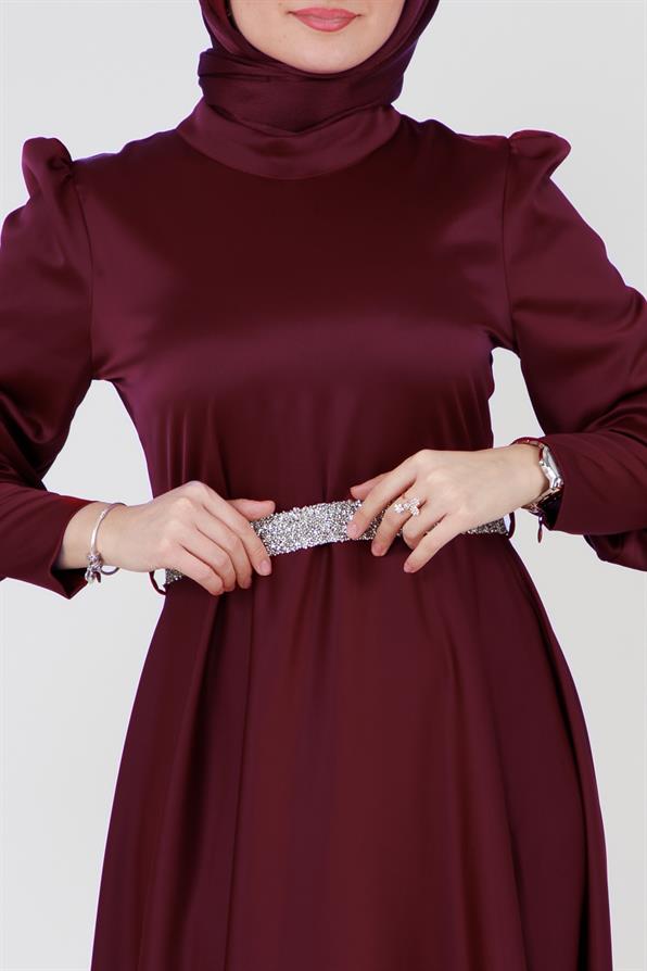 Kuşağı Taşlı Saten Abiye-Bordo