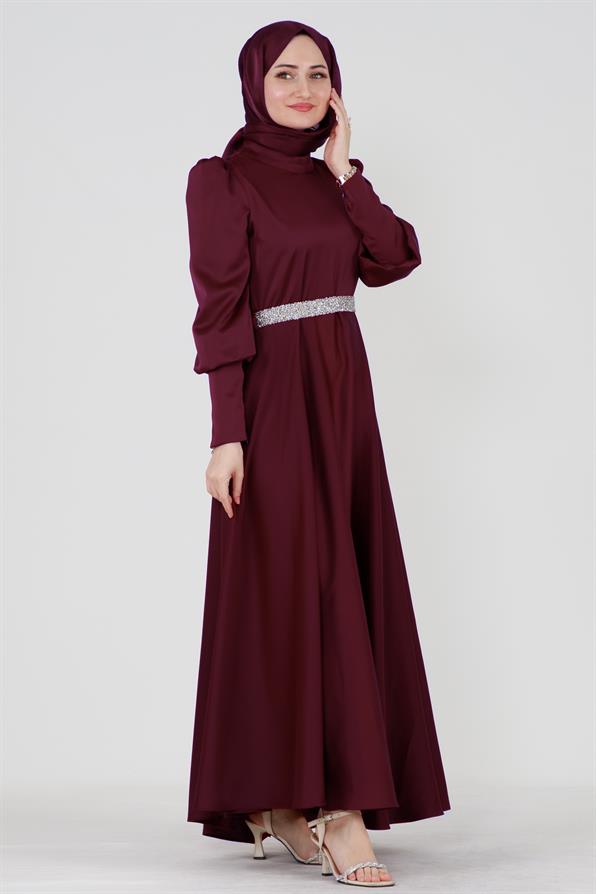 Kuşağı Taşlı Saten Abiye-Bordo