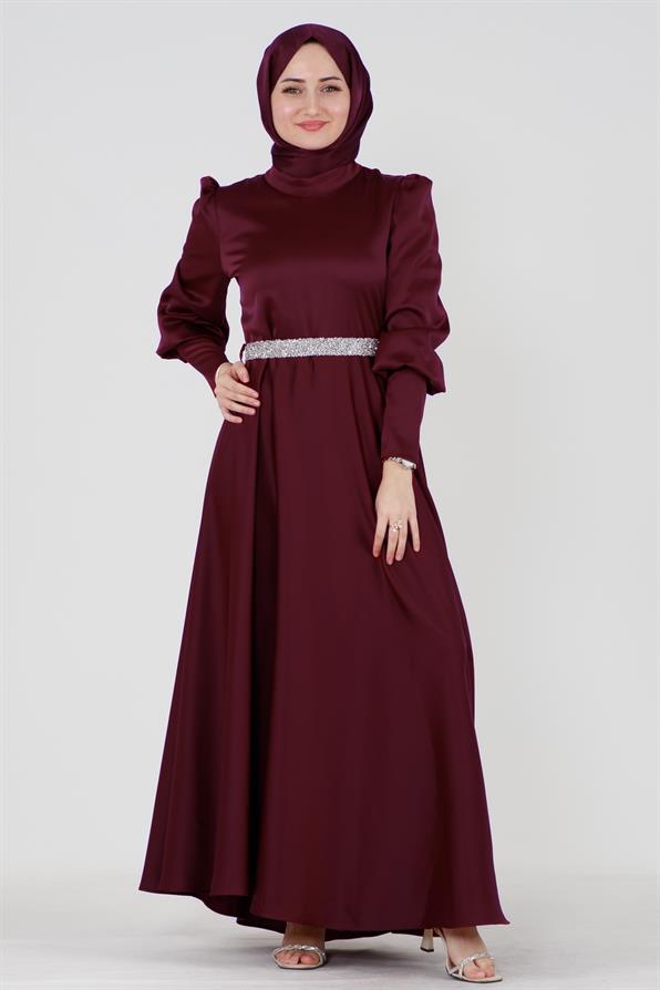 Kuşağı Taşlı Saten Abiye-Bordo
