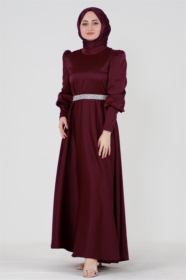Kuşağı Taşlı Saten Abiye-Bordo