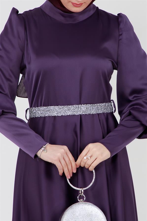 فستان ساتان بحزام مرصع بالأحجار - بنفسجي