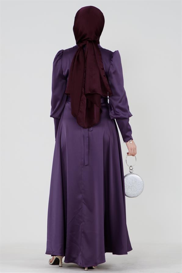 فستان ساتان بحزام مرصع بالأحجار - بنفسجي