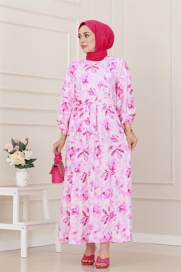 Kuşaklı Çiçekli Lina Elbise-Pembe