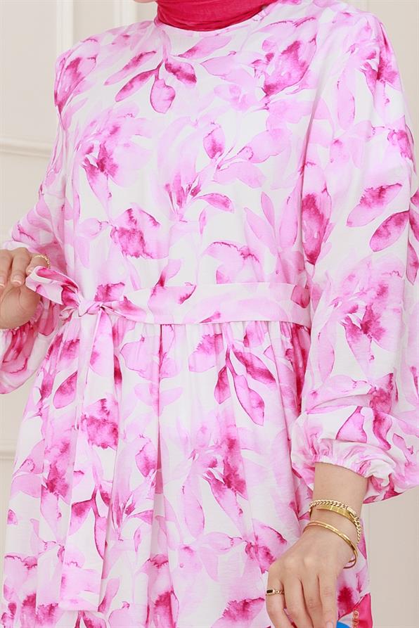 Kuşaklı Çiçekli Lina Elbise-Pembe