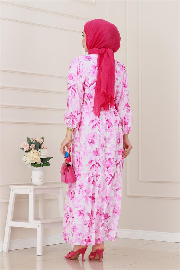 Kuşaklı Çiçekli Lina Elbise-Pembe