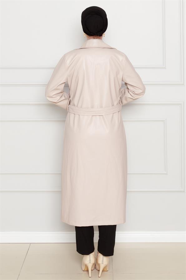 معطف  من الجلد بحزام - بيج اللون