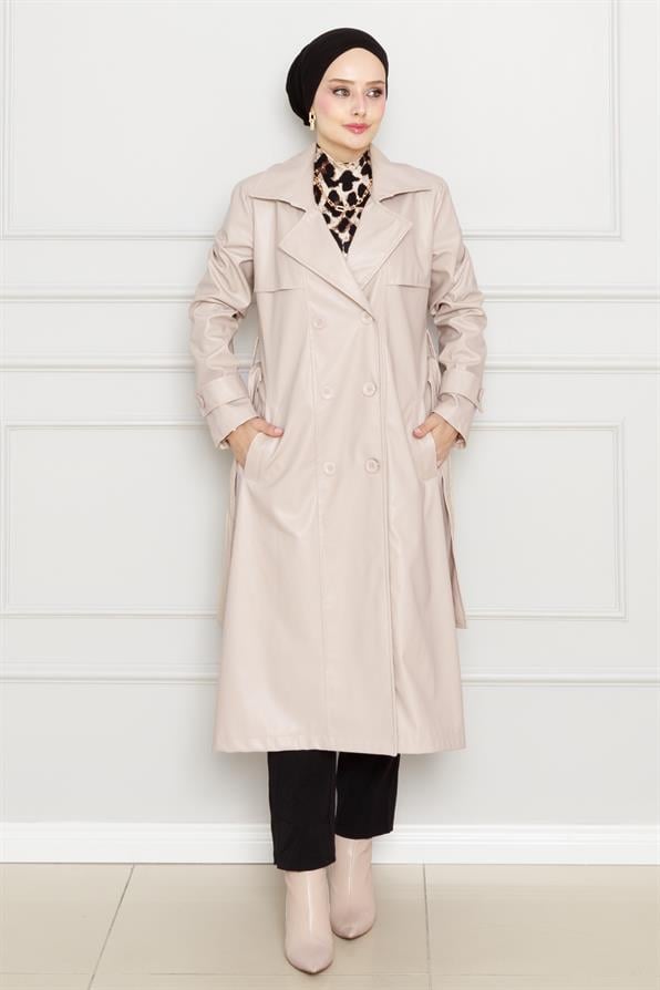 معطف  من الجلد بحزام - بيج اللون