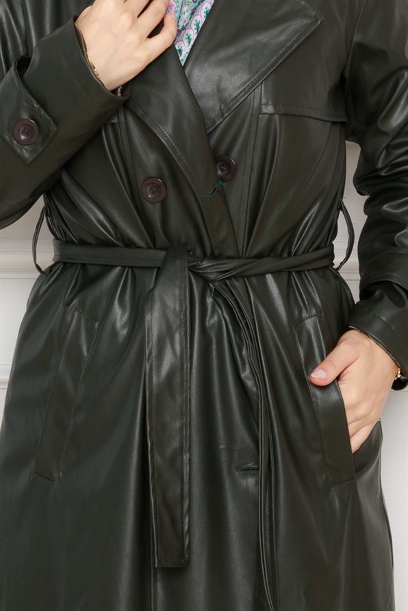 معطف  من الجلد بحزام - كاكي اللون