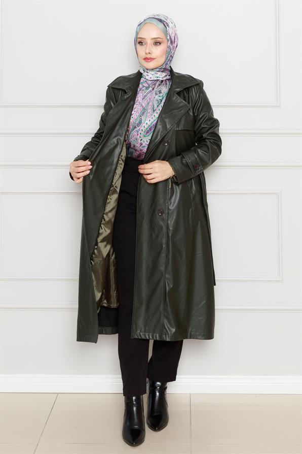 معطف  من الجلد بحزام - كاكي اللون