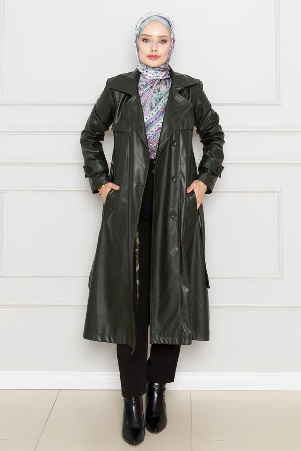 معطف  من الجلد بحزام - كاكي اللون