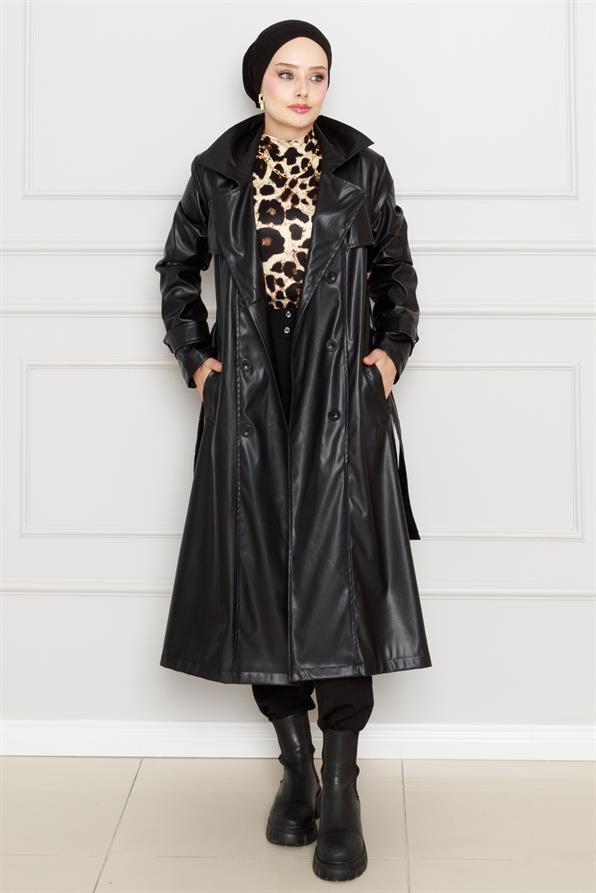 معطف  من الجلد بحزام - اسود اللون