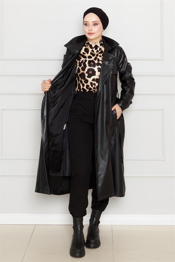 معطف  من الجلد بحزام - اسود اللون