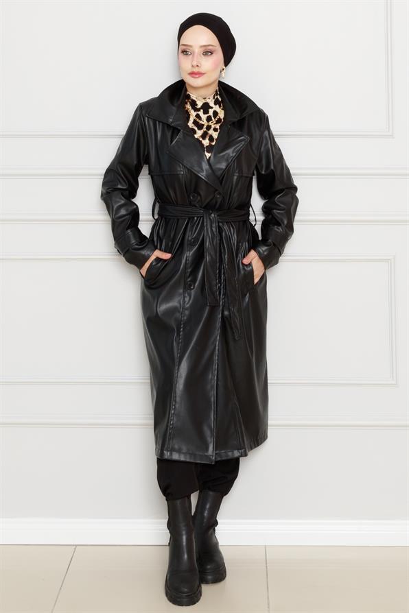 معطف  من الجلد بحزام - اسود اللون