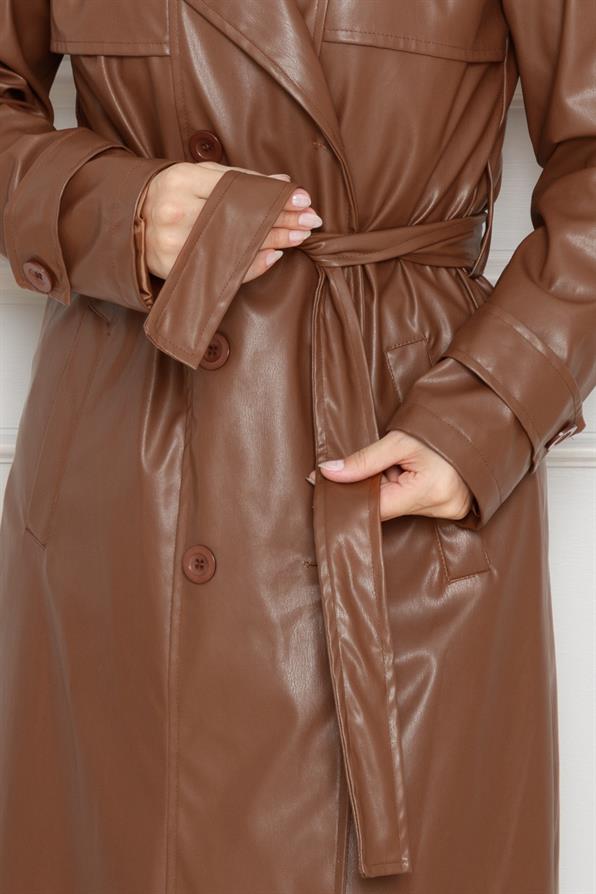 معطف  من الجلد بحزام - بني فاتح اللون