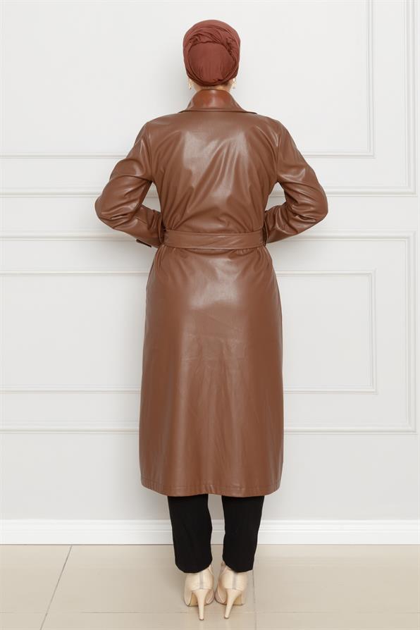 معطف  من الجلد بحزام - بني فاتح اللون