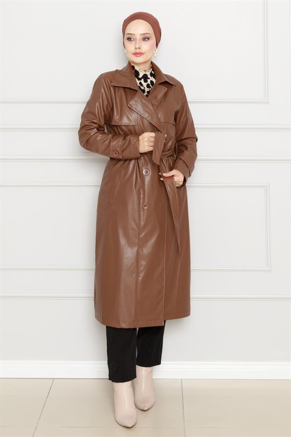 معطف  من الجلد بحزام - بني فاتح اللون