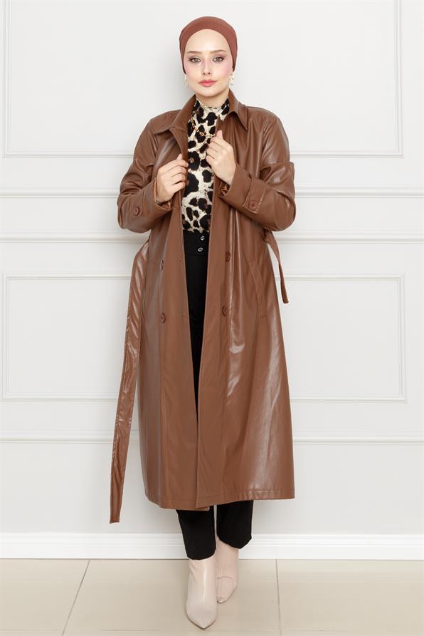 معطف  من الجلد بحزام - بني فاتح اللون