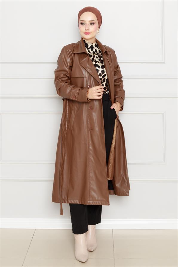 معطف  من الجلد بحزام - بني فاتح اللون