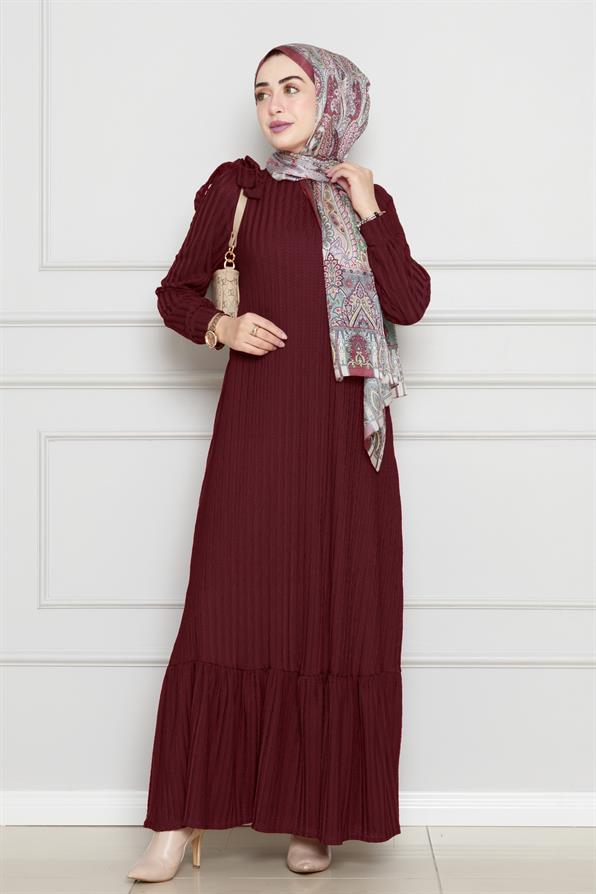 Belted Jacquard Hijab Dress-Burgundy color
