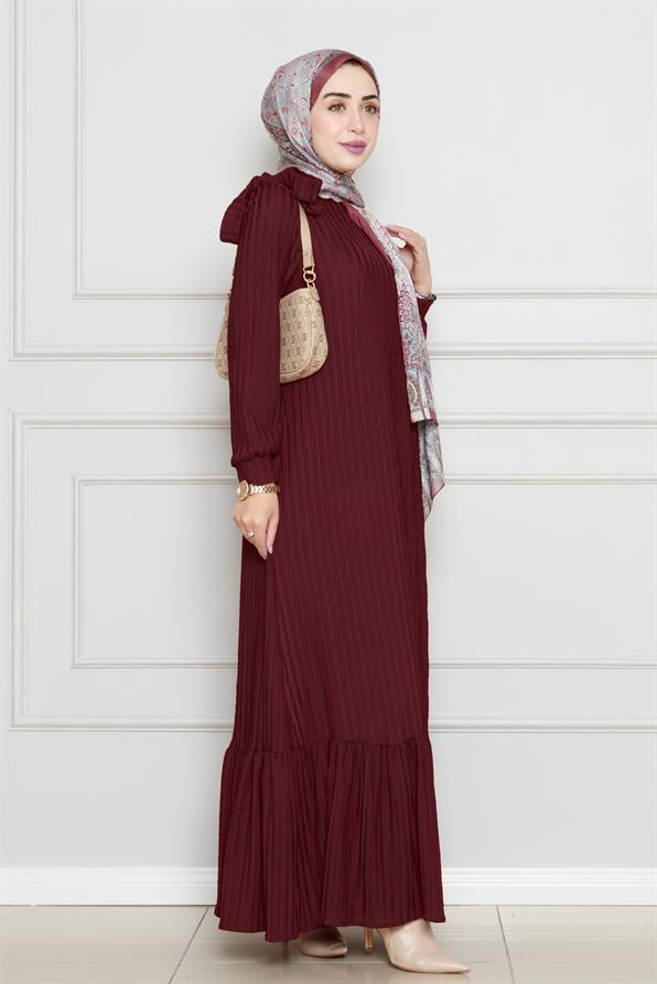 Belted Jacquard Hijab Dress-Burgundy color