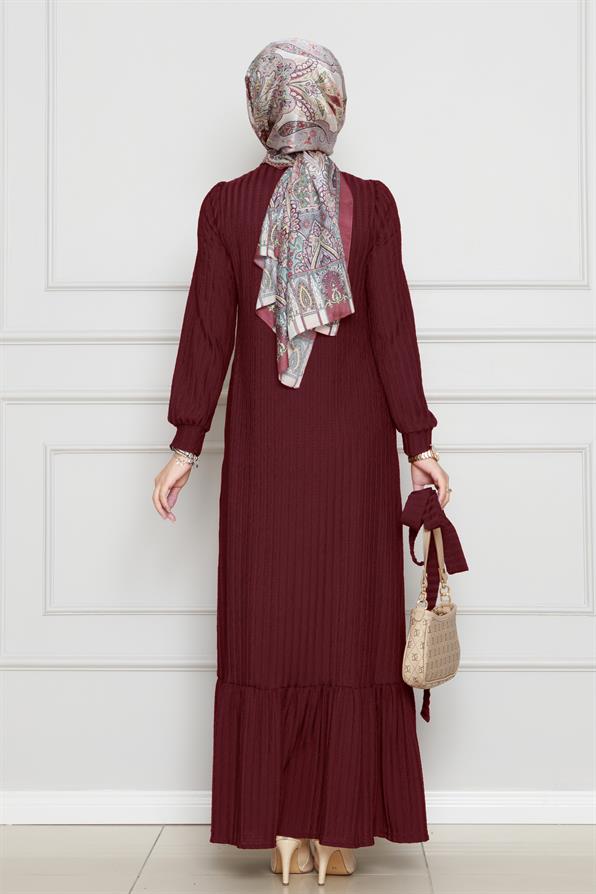 Belted Jacquard Hijab Dress-Burgundy color