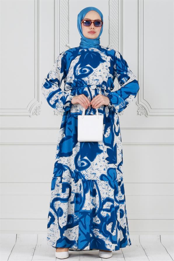 فستان فيسكوز منقوش  مع حزام على الخصر - أزرق