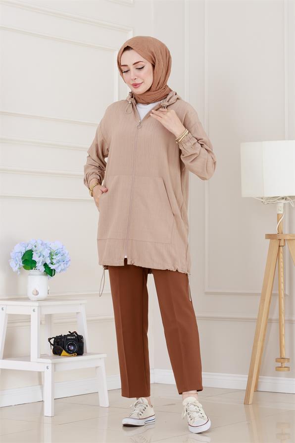 Lastik Detaylı Kapüşonlu Kap-Bej