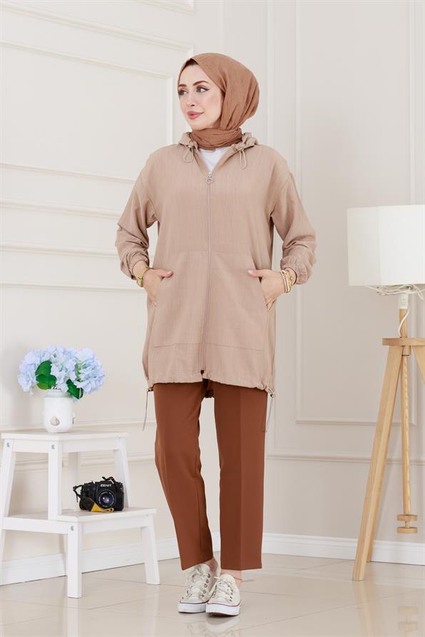 Lastik Detaylı Kapüşonlu Kap-Bej