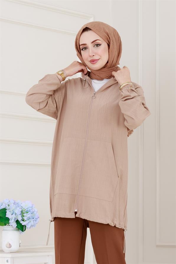 Lastik Detaylı Kapüşonlu Kap-Bej