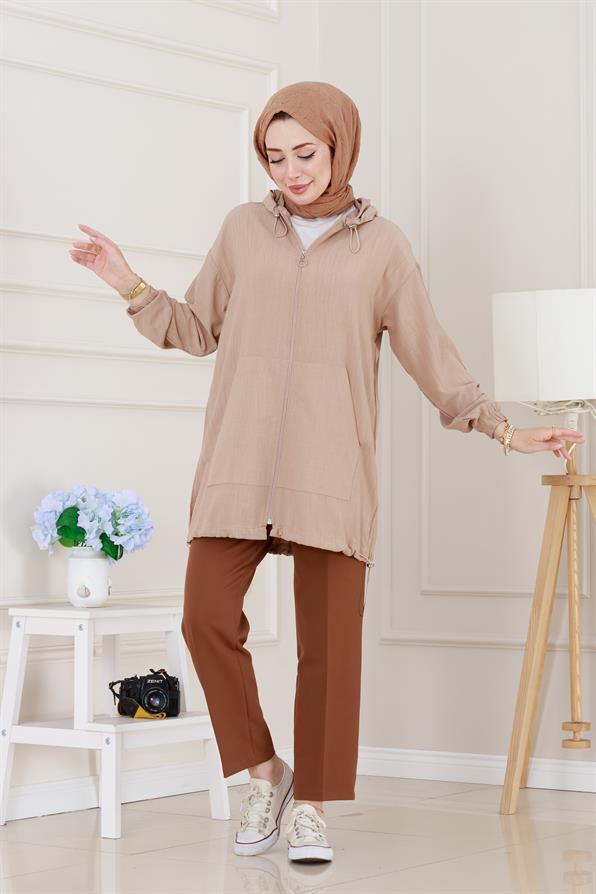 Lastik Detaylı Kapüşonlu Kap-Bej