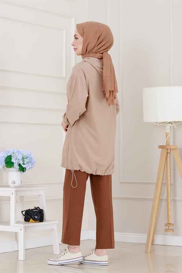 Lastik Detaylı Kapüşonlu Kap-Bej