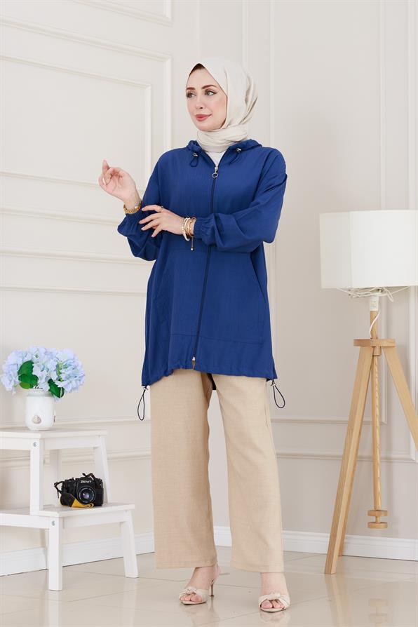 Lastik Detaylı Kapüşonlu Kap-İndigo