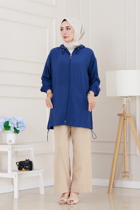 Lastik Detaylı Kapüşonlu Kap-İndigo