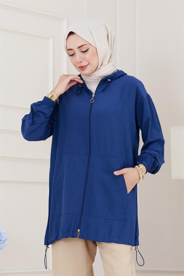 Lastik Detaylı Kapüşonlu Kap-İndigo