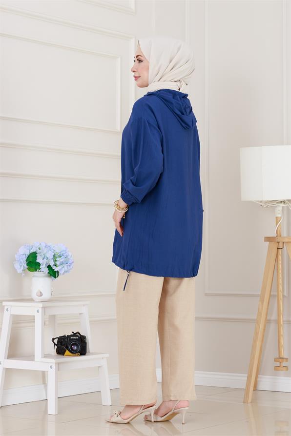 Lastik Detaylı Kapüşonlu Kap-İndigo