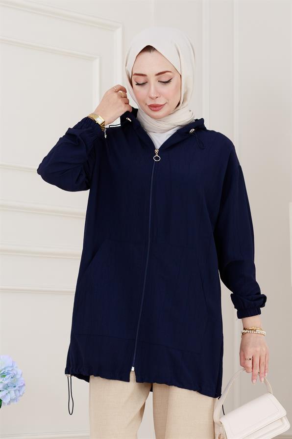 Lastik Detaylı Kapüşonlu Kap-Lacivert