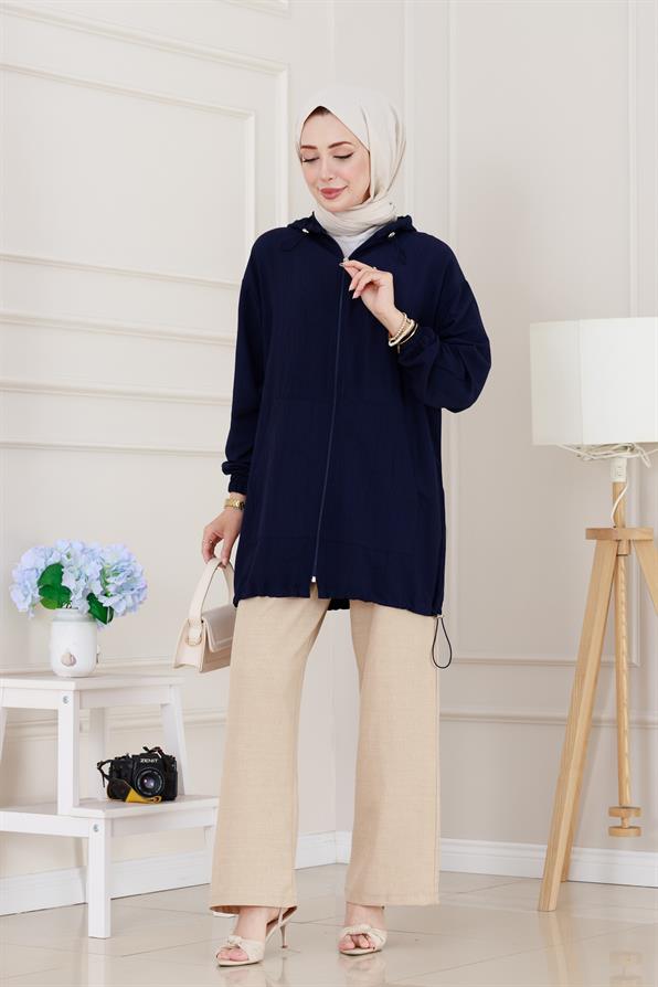 Lastik Detaylı Kapüşonlu Kap-Lacivert