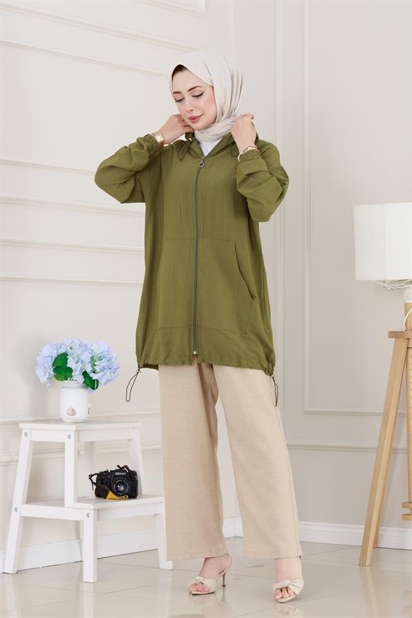 Lastik Detaylı Kapüşonlu Kap-Yeşil