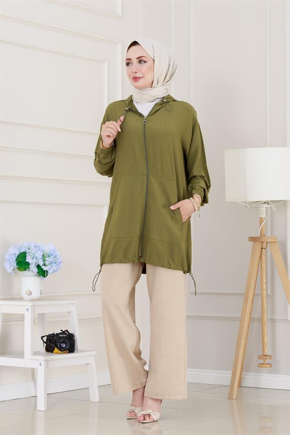 Lastik Detaylı Kapüşonlu Kap-Yeşil