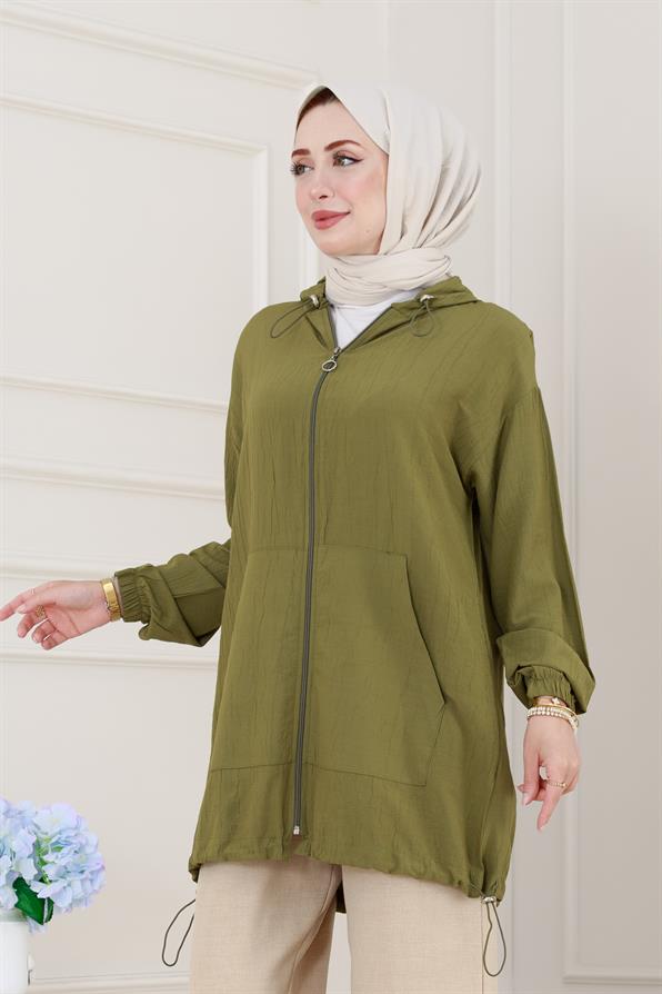 Lastik Detaylı Kapüşonlu Kap-Yeşil
