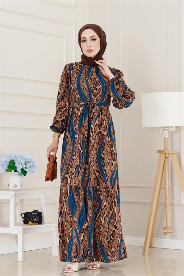 Leopar Desenli Beli Tünelli Viscon Elbise-Mavi